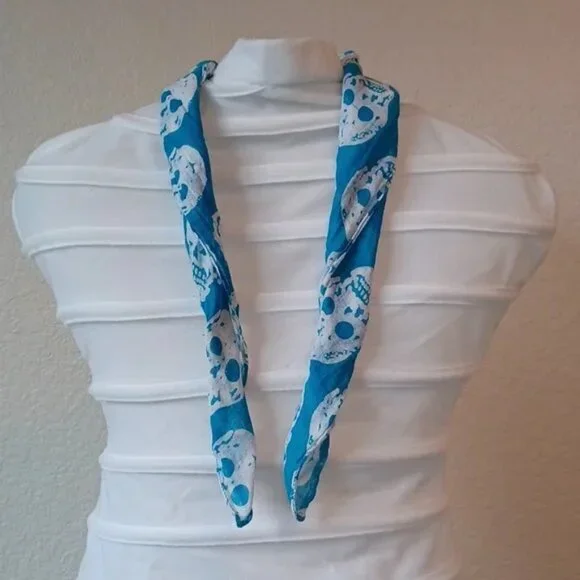 3/$25 SALE Skull Bandana, Semi Sheer Teal & White Unisex Punk Goth Biker 19"x20" - Picture 2 of 12
